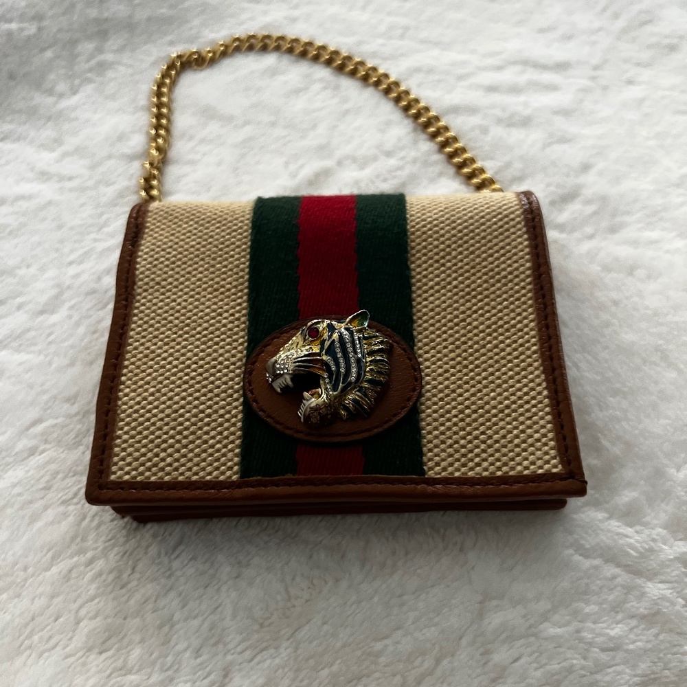 Gucci Feline Leather Trim Chain Wallet